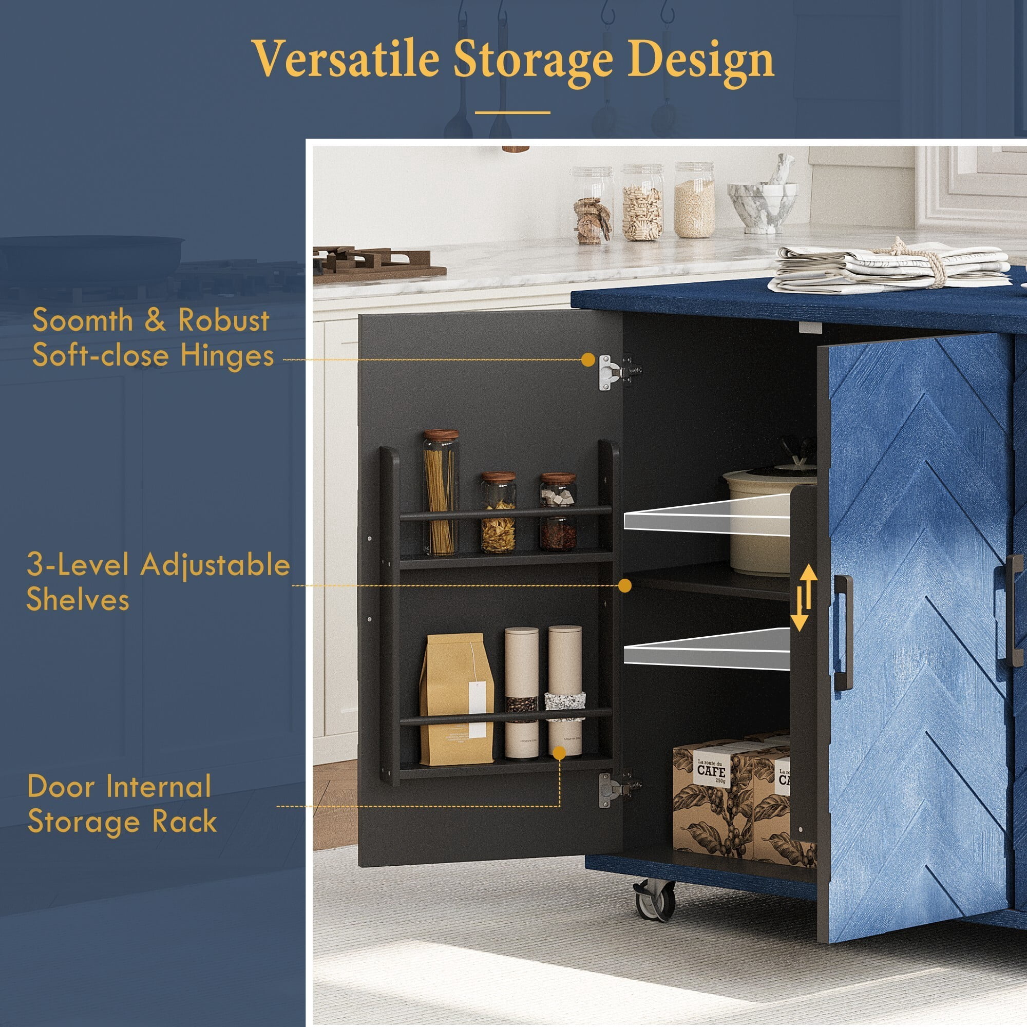 AENKYO 51.2"W 3D Wave Stripes Ash Veneer (Not Cheap Paper) Kitchen Island with Drop Leaf, Farmhouse Kitchen Island on Wheels with Internal Storage Rack, Rolling Kitchen Cart for Dining Room(Blue)