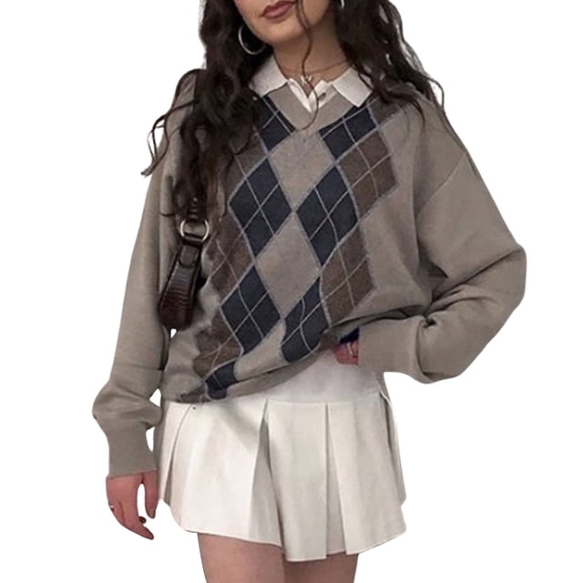 Fortune Women Sweater Y2K Argyle Preppy Knit Tops Color Block Pullover Outwear