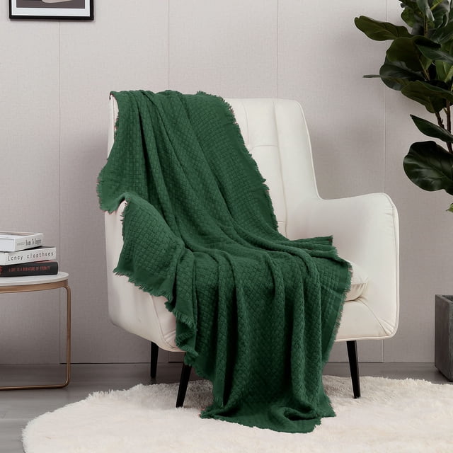 Manta tejida con diseño bohemio de Blanket CREVENT, 127 x 152 cm, color verde suave