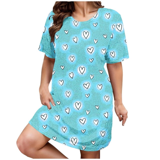 Ukumplol Chemises de Nuit pour Femmes Imprimé Cœur Manches Courtes Col Rond Extensible Robe de Nuit Ample Pyjamas Cœur pour la Saint-Valentin Pyjamas Rafraîchissants pour Femmes Robe de Nuit Bleu Ciel 3TG