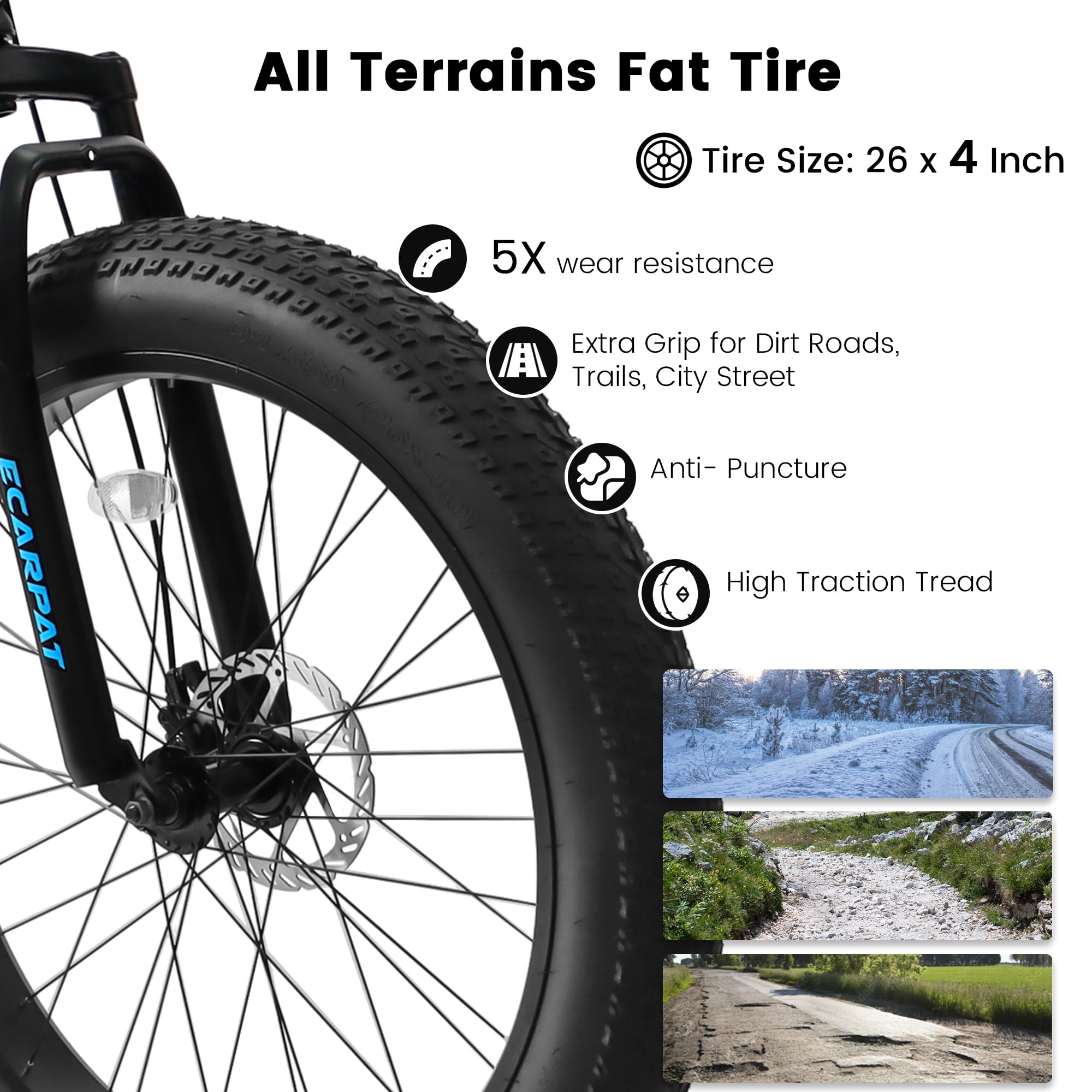 POVANLI 26"Fat Tires Mountain Bike,4-Inch Wide Wheel, 21-Speed Disc Brakes,Mens Womens Trail Beach Snow Commuter City Mountain Bike, Carbon Steel Frame Front Fork Bicycles