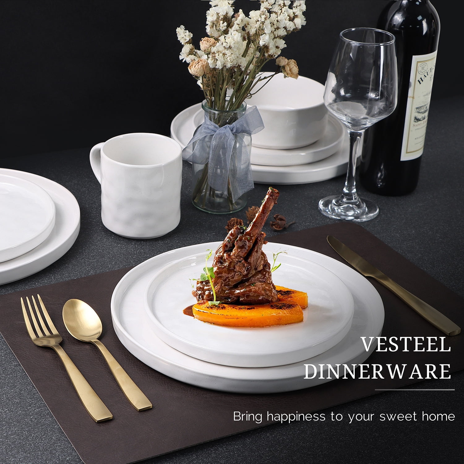 Vesteel Dinnerware Sets, 16-Piece Stoneware Plates and Bowls Set, Dishes Set for 4, Elegant Ceramic Dinnerware for Home Restaurant - Speckled White