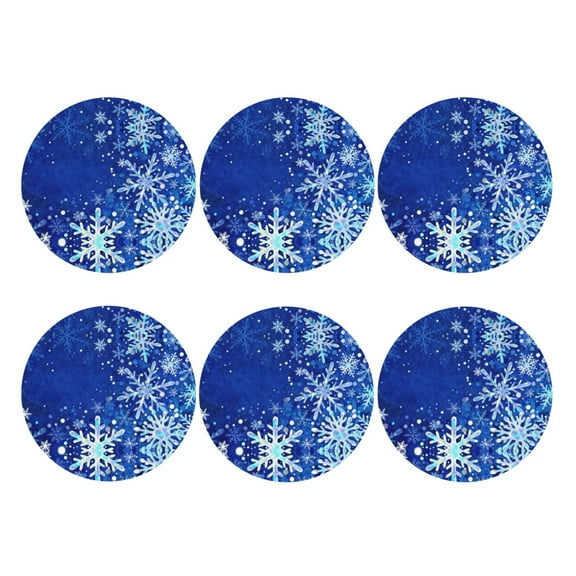Set of 6 Magical Blue Snowflake Drink Coasters for Coffee Table Leather Coaster for Decor Housewarming Round Shape