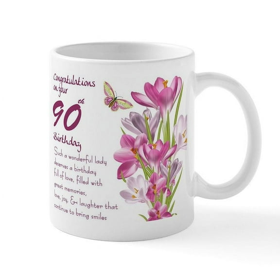 CafePress - 90Th Birthday Butterfly And Crocus Gift Mug Mugs - 11 oz Ceramic Mug - Novelty Coffee Tea Cup