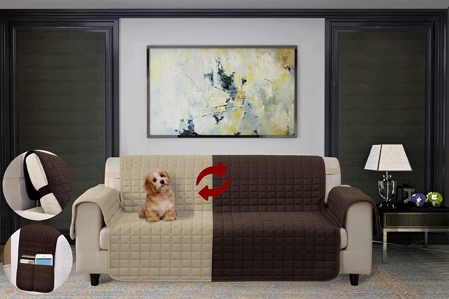 Elegant Comfort Quilted Furniture Protectors Solid and Printed Design Reversible Slipcovers Featuring Elastic Straps and Smart Pockets Great for Pets,Wing Chair Chocolate/Cream