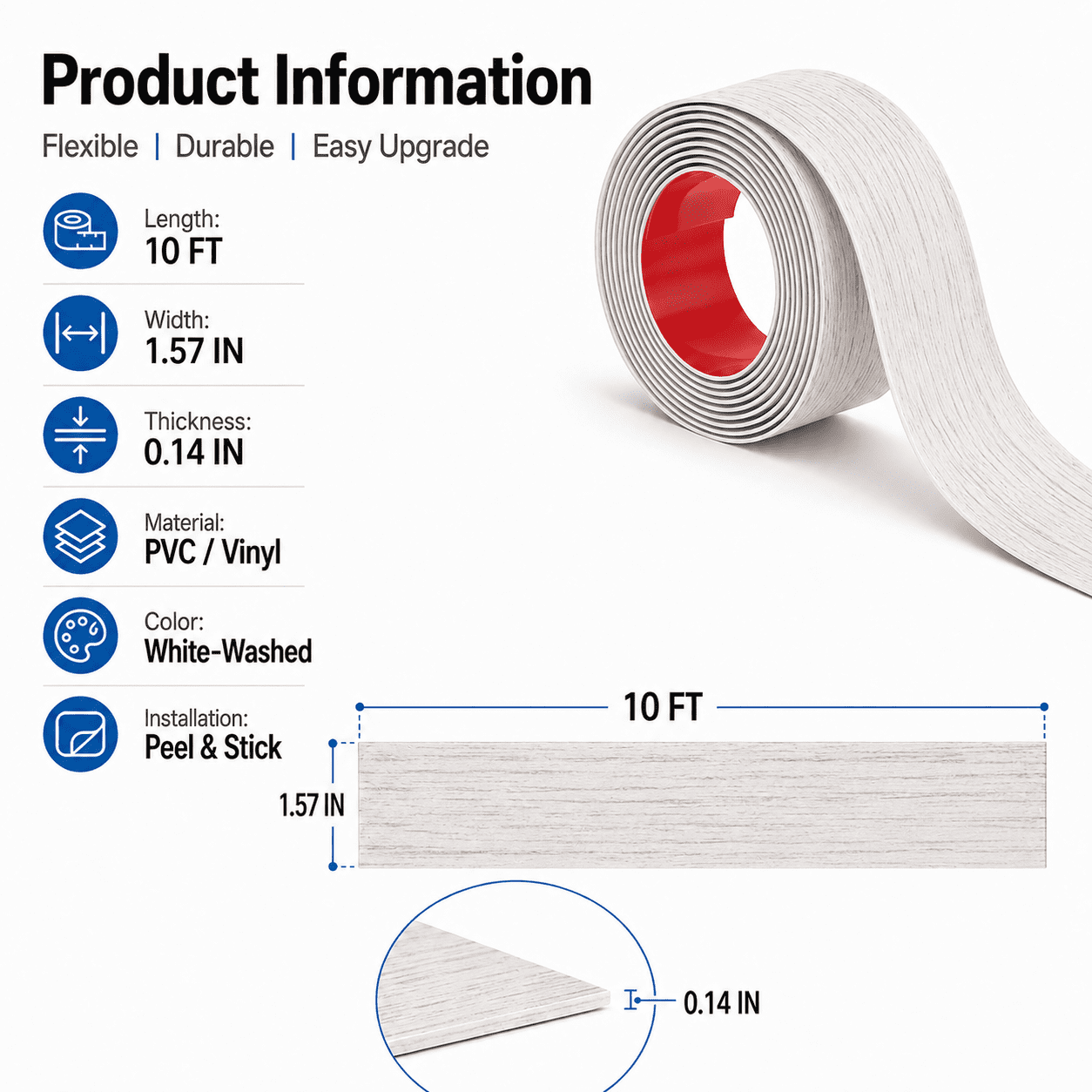 Yeslife 1 pc Self Adhesive Floor Transition Strip, 10 ft x 1.57 in, White-Washed Vinyl, Flexible Waterproof Gap Cover for Laminate, Tile and Carpet Flooring