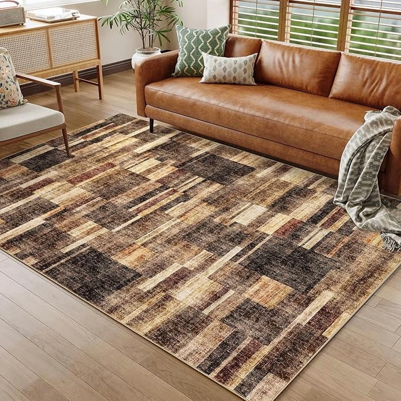 Living Room Rug 5x7, Machine Washbale Area Rugs Modern Geometric Patchwork Carpet Non-Slip Stain Resistant Farmhouse Door Mats Non-Shedding Foldable Rug for Dining Room, Bedroom, Brown