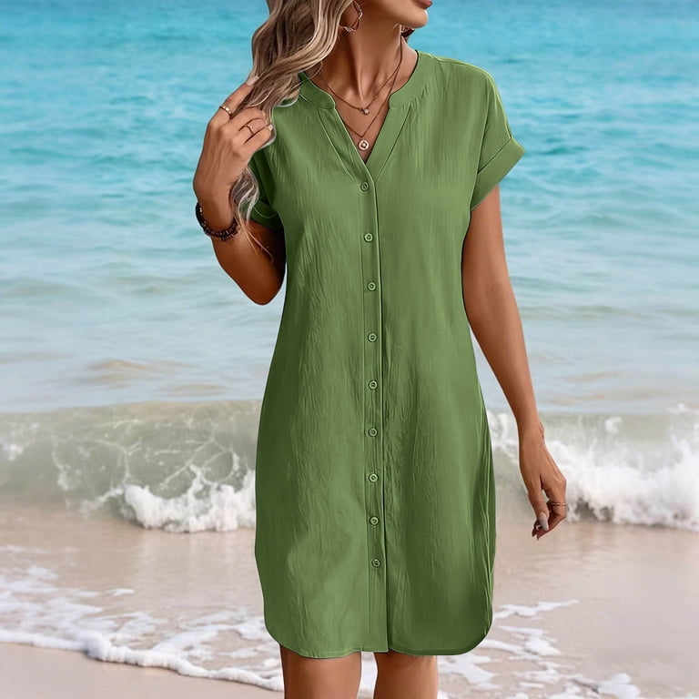 mother graduation dress asdoklhq Of The Bride Dresses for Women Elegant Dresses Beach Fashion Women Summer Solid Casual Button V-Neck Short Sleeve Mini Dress Green S asdoklhq Graduation Dress Mother Of