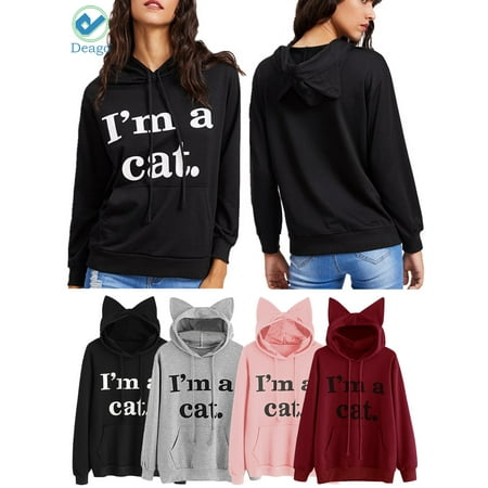 Deago Women's Long Sleeve Pouch Sweatshirts Large Pockets Slogan Letter Printed Hoody Cute Cat Ear Pullover (Cute Best Friend Hoodies)