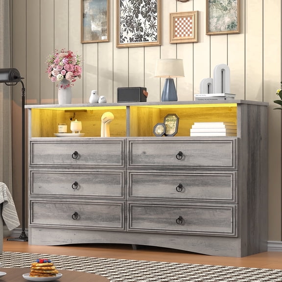 Winkalon Dressers for Bedroom 6 Drawer Dresser with LED Lights and Power Outlets,Gray