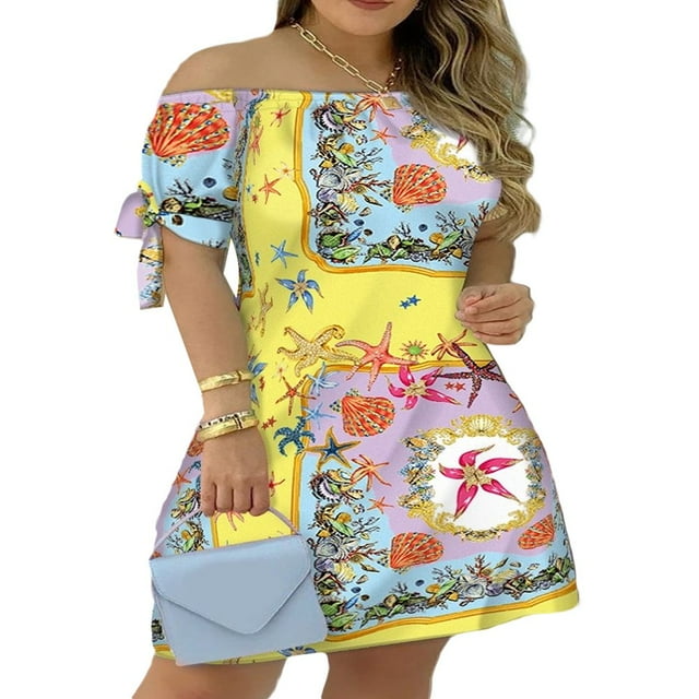 Robe Décontractée Mini pour Femmes Été Rayée Épaules Dénudées Manches Courtes Robe Trapèze Courte