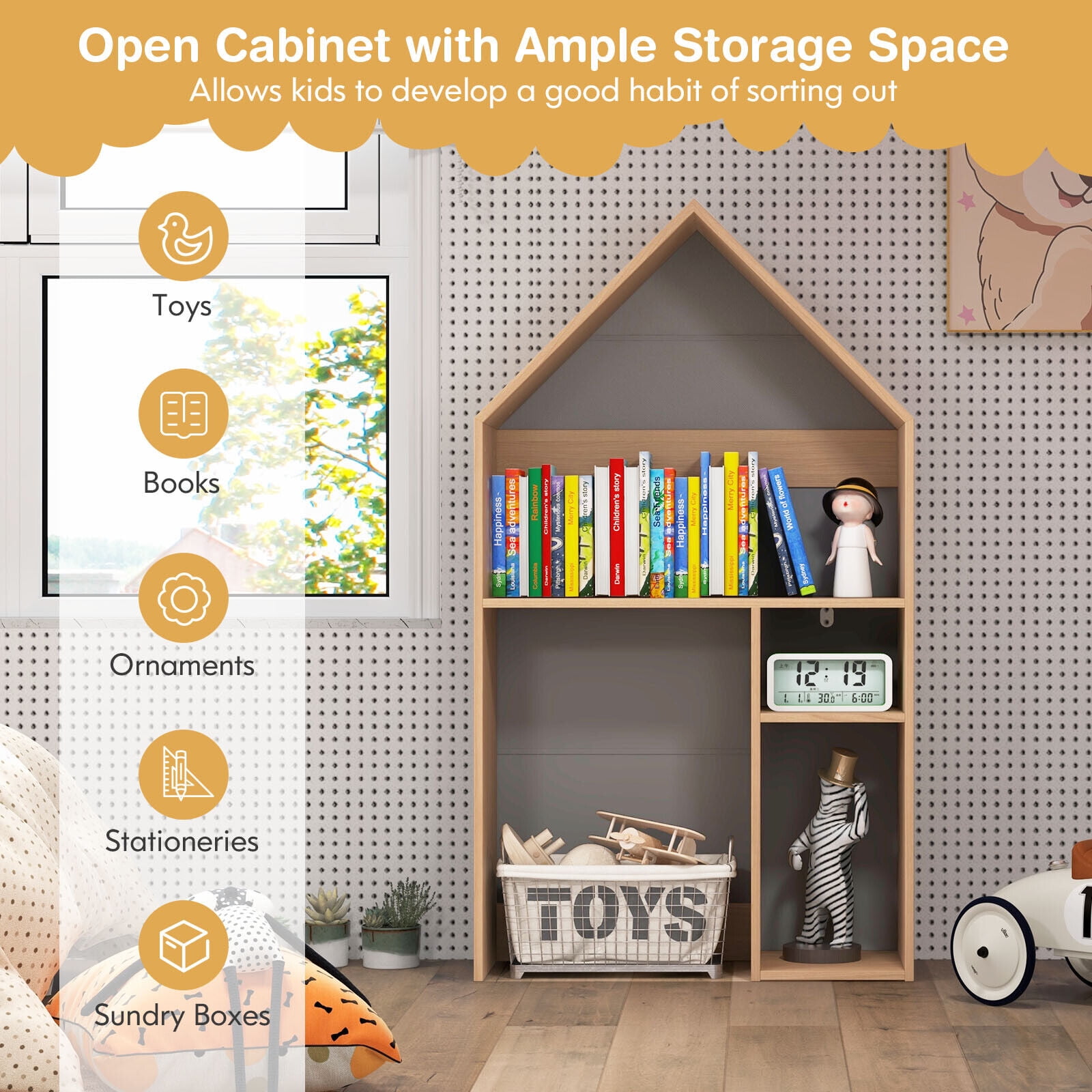 Amijoy Kids House-Shaped Table and Chair Set, 2-in-1 Kid’s Toy Organizer Cabinet with Ample Storage & Extra Blackboard