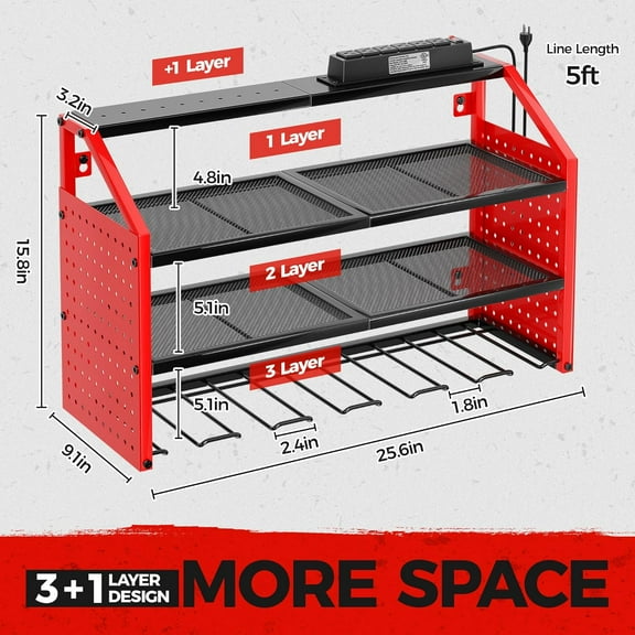 Power Tool Organizer With Charging Station, Heavy Duty Steel, 6 Drill Sizes, 6 Sockets, Easy Install Garage Storage Rack, Red