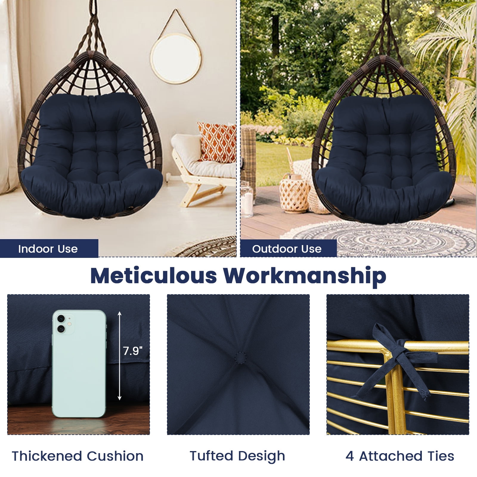 Egg Chair Cushion Replacement, Waterproof Hanging Basket Seat Cushion, U-Shape Swing Chair Cuhsion 37x49 Inches for Indoor Outdoor Patio Porch Furniture (Only Cushion)