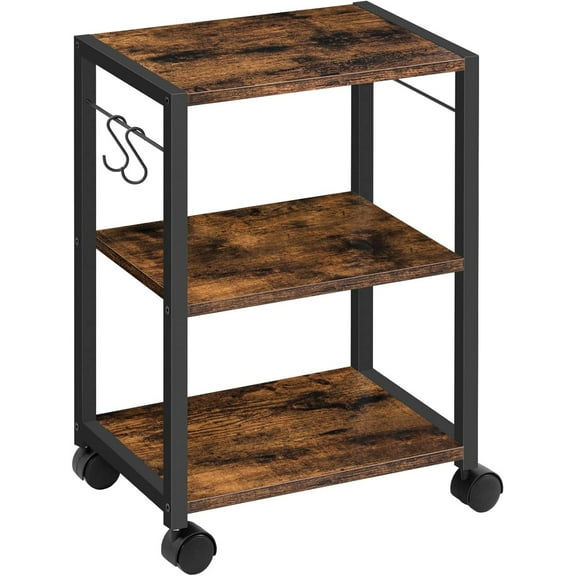 Printer Stand, 3-Tier Under Desk Rolling Cart with Storage Shelf, Heavy Duty Printer Table with Wheels for Home and Office, Printer Shelf with 2 Hooks, Small Spaces, Rustic Brown PTHR4001Z