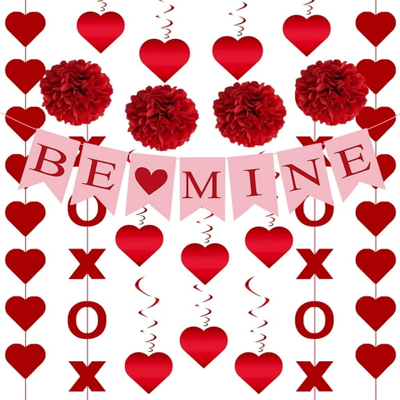 Valentines Day Decorations Set Pre-Assembled Hanging Heart Swirls Be Mine Love Heart XO Garlands Banner for Home Classroom Office Wedding Party Supplies 21 Pcs