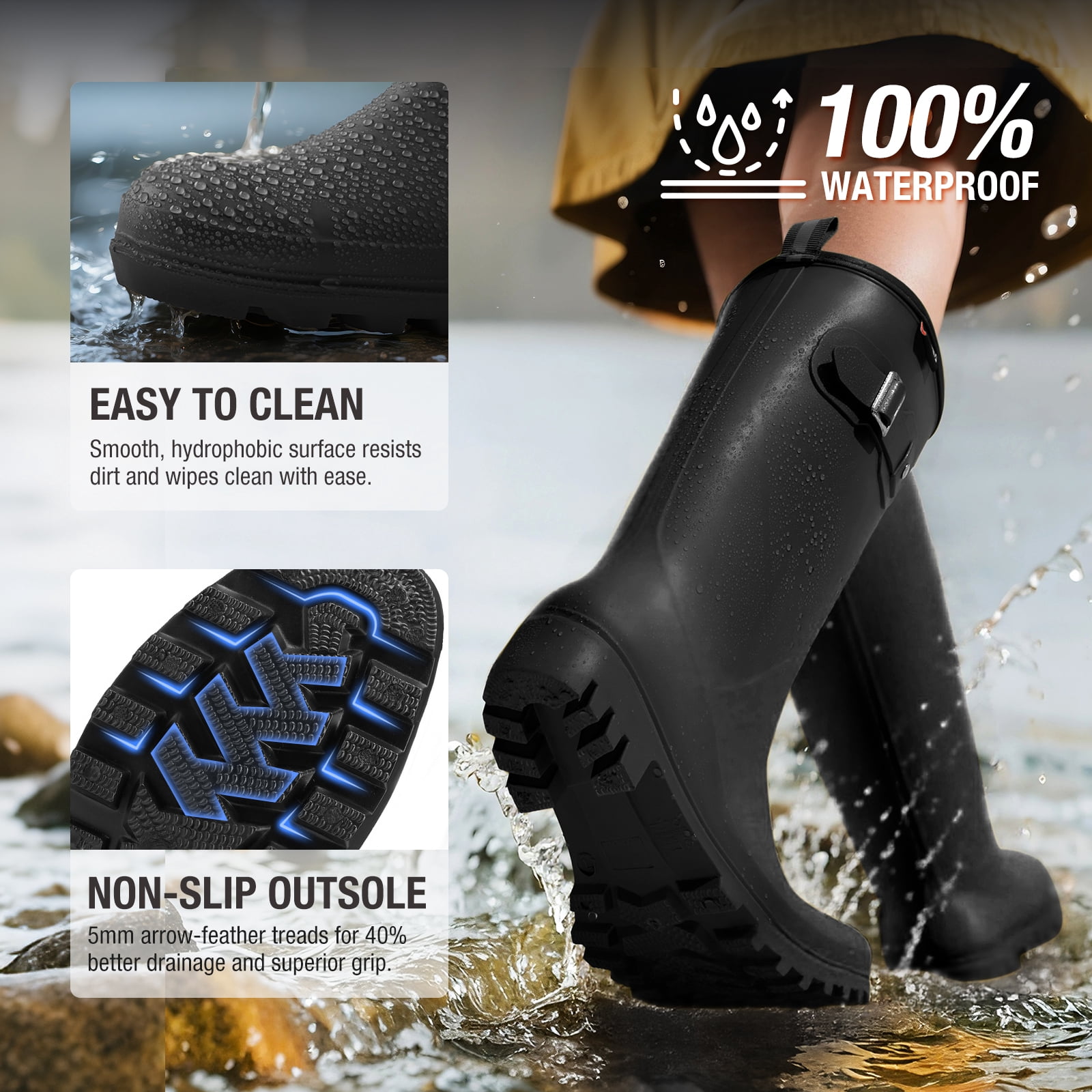 HISEA Women's Slim Calf Waterproof Tall Rain Boots, Anti-Slip PVC Rubber Boots with Comfortable Insole for Outdoor Work & Walking，Black，Size 10