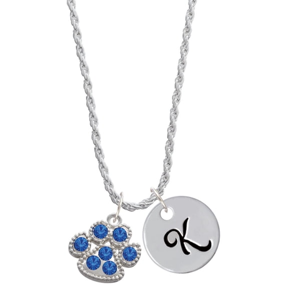 Delight Jewelry Silvertone Large Paw with Blue Crystals Silvertone Script Initial Disc - K - Charm Necklace, 20"+3"