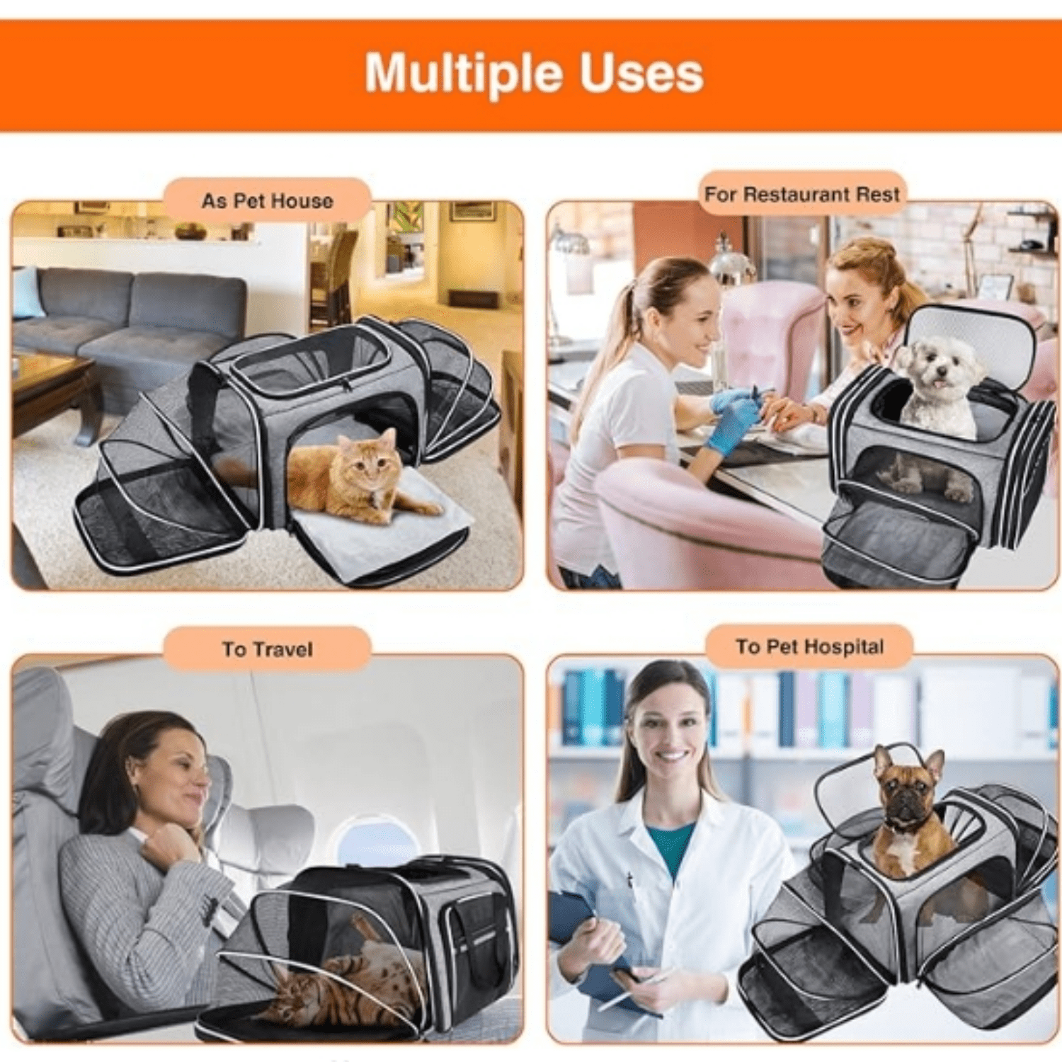 Airline Approved Soft Sided Pet Carrier Top Loading 4 Side Expandable Large Travel Cats Carrier Collapsible with 3 Removable Washable Pads and 3 Pockets for Cats Kitten and Small Dogs