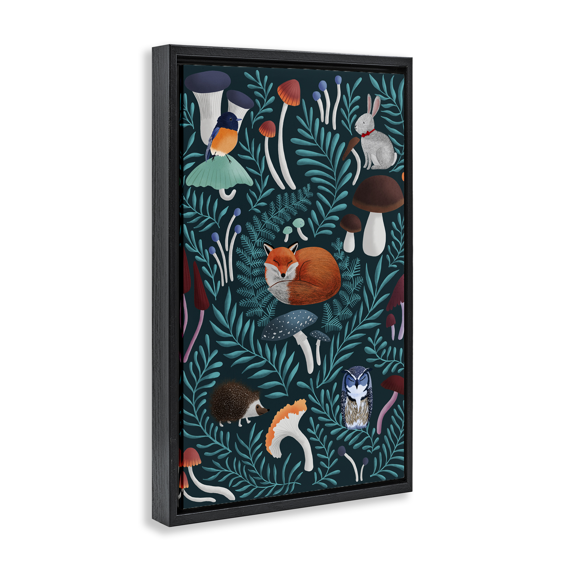 Woodland Animals & Botanical Sprigs Black Framed Floater Canvas Wall Art, design by Metka Hiti