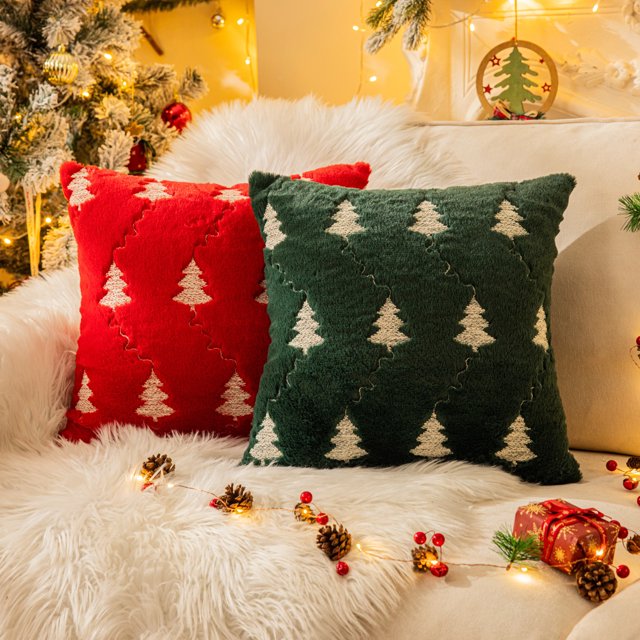 Christmas Tree Embroidered Throw Pillows Set of 2 Packs, Winter Soft Fluffy Christmas Decorative Throw Pillow Covers Decor for Home Sofa Couch Bed Room