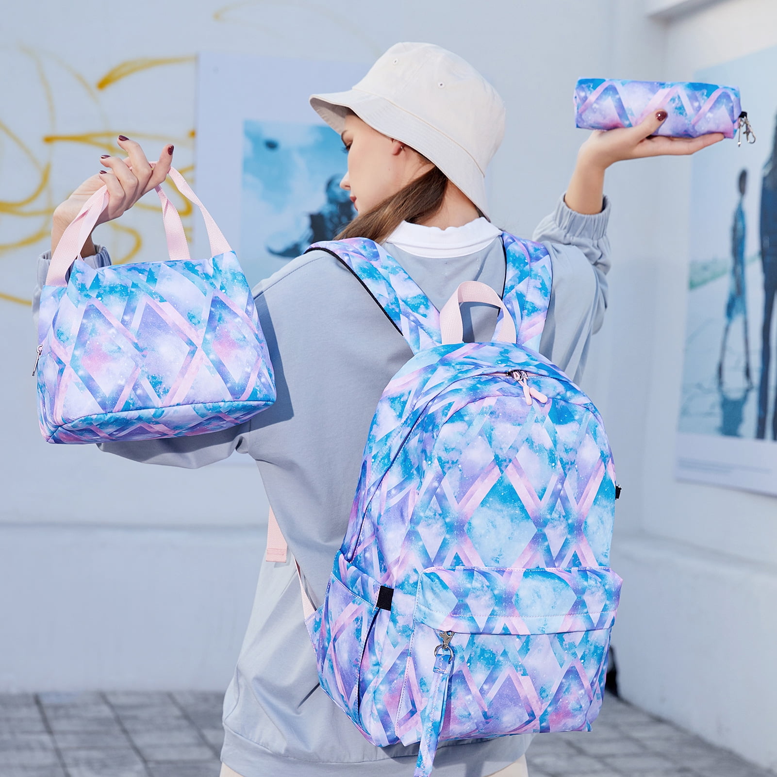 Blue School Backpacks with Lunch Bag for Teen ,Water Resistant Lightweight Large Books Bag