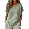 thumbnail image 2 of Craaazy Women Casual Loose Fit Blouse, Solid Color Short Sleeve Cotton Linen Tops, Comfy Round Neck Tunic for Daily Wear Gifts, 2 of 6