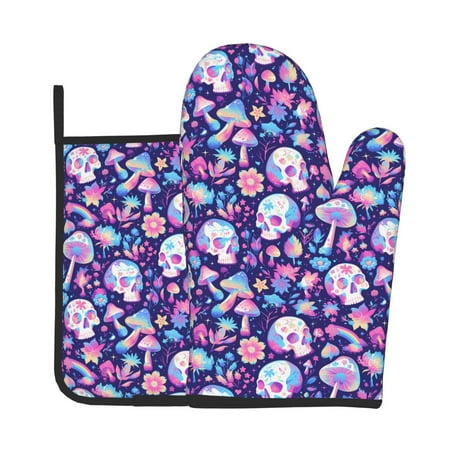 

Vsdgher mushroom rainbow Skull cartoon Oven Mitts and Pot Holders 2 pcs Set High Heat Resistant Kitchen Oven Glove for Baking and Cooking