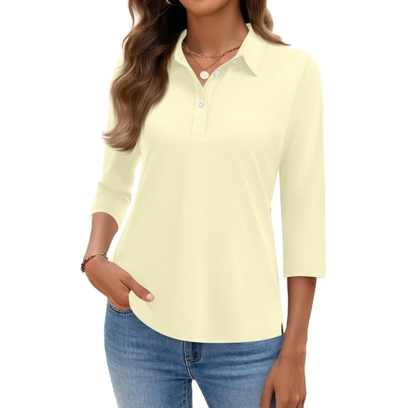 Kixjoy Womens Polo Shirts 3/4 Sleeve Casual Button Down Collared Shirt Fashion Work Basic Polo Shirts Soft Lightweight Summer Womens Tops, Beige S