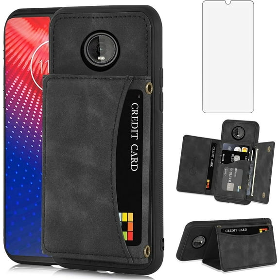 REQO Phone Case for Moto Z4/Moto Z 4 Play/MotoZ4 Force Wallet Cover with Tempered Glass Screen Protector and Card Holder Stand Cell Motorola 4Z Motoz4cases MotoZ4Play XT1980-4 2019 Women Men Black