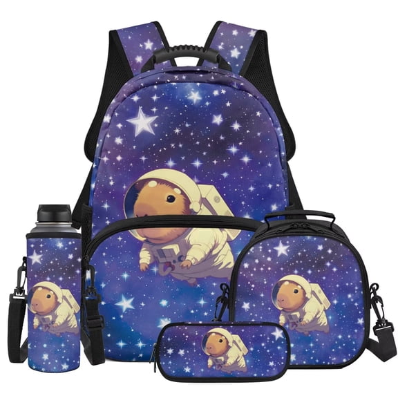 KUIFORTI Capybara Print Bookbag and Lunch Box Kid Backpack Set 4Pcs Boys School Bag Pencil Pouch Water Bottle Sleeve for Elementary Primary Middle Students Back to School Supplies