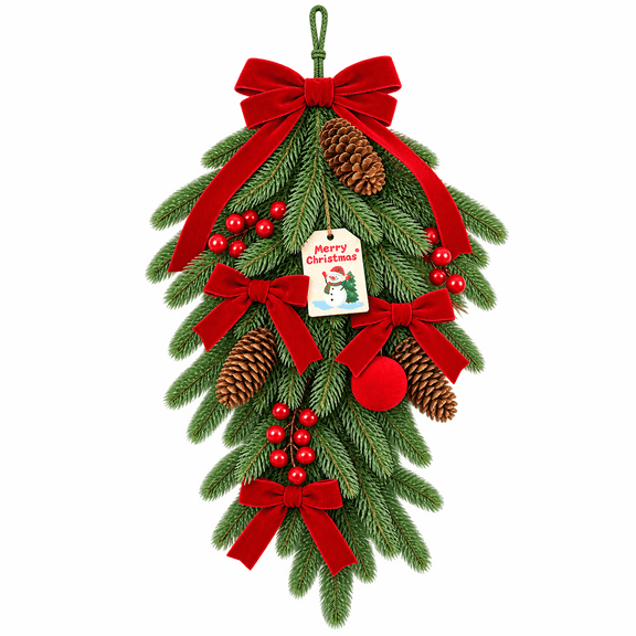24" Christmas Door Swag, Artificial Pine Hanging Christmas Decoration with Red Velvet Bows, Berries and Pinecones Holiday Home Door Wall Decor