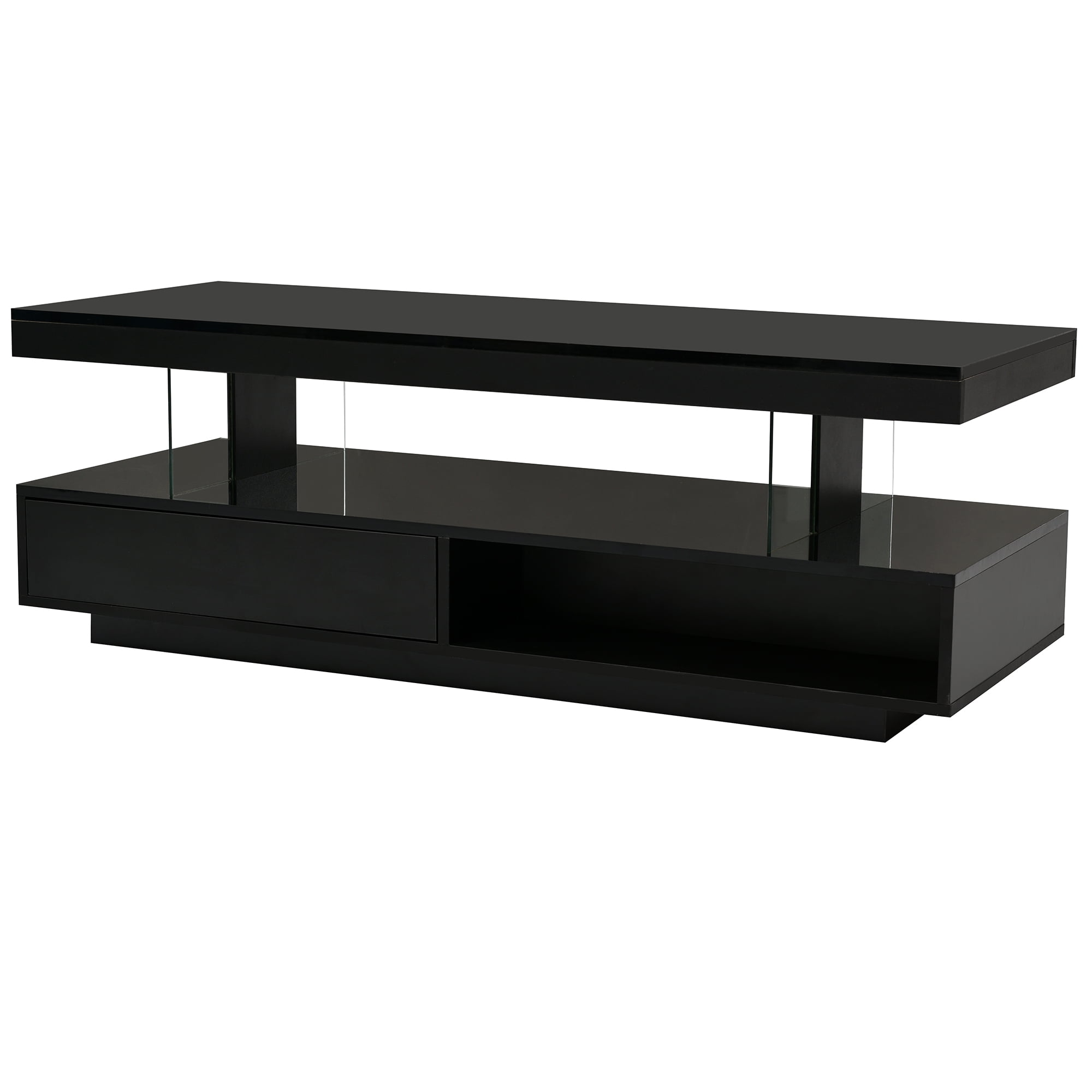 Euroco LED Coffee Table with Storage and Display Shelves, Modern Black Center Table with 2 Drawers and 16-Color LED Lights for Living Room