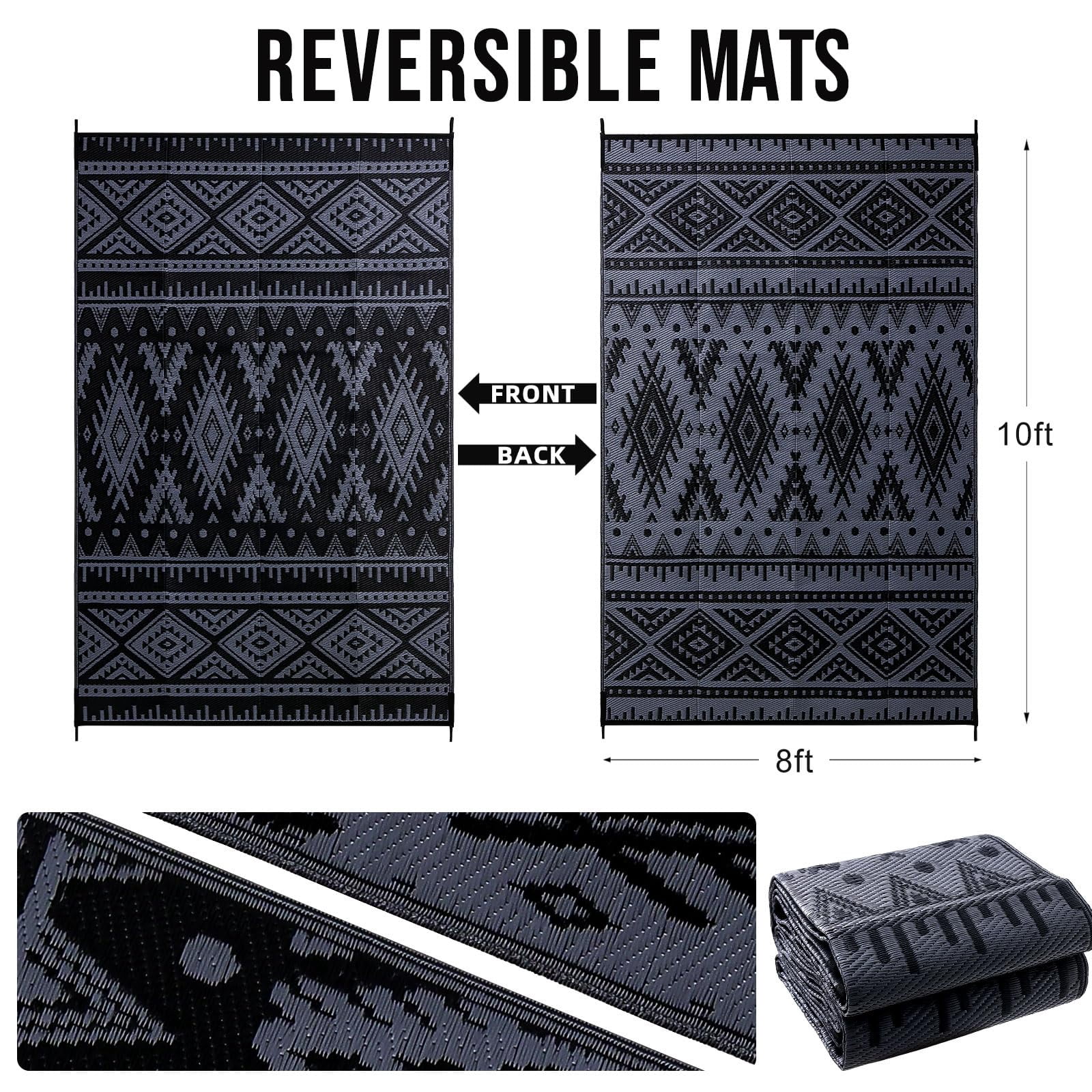 Smiry Outdoor Rugs 8'X10', Waterproof Plastic Outdoor Mat, Reversible Outdoor Carpet for Patio, RV Camping, Porch, Black & Grey