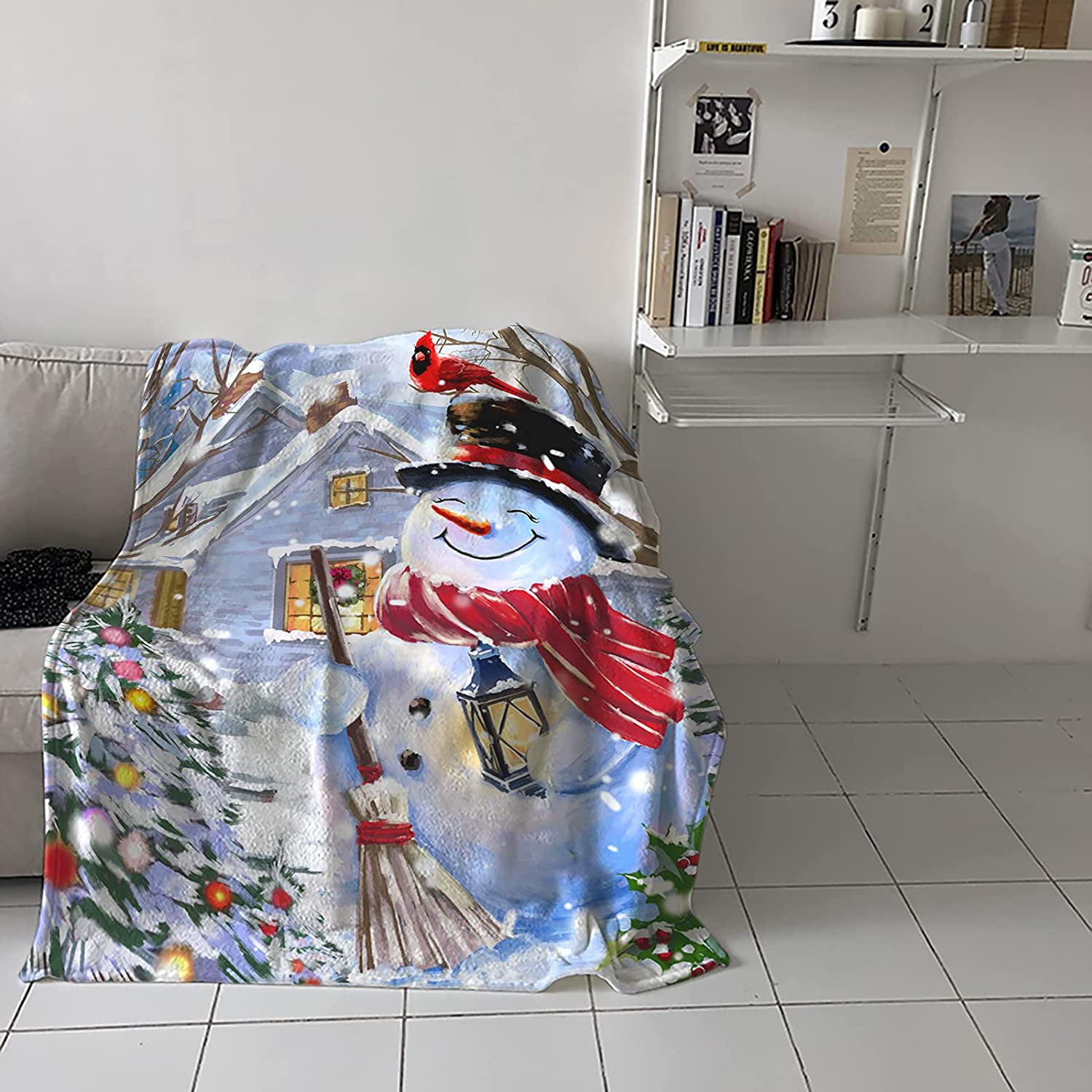 Ultra Soft Flannel Fleece Bed Blanket Happy Snowman and Cardinalis Winter Holiday Merry Christmas Throw Blanket All Season Warm Fuzzy Light Weight Cozy Plush Blankets for Living Room 40 x 50 inches
