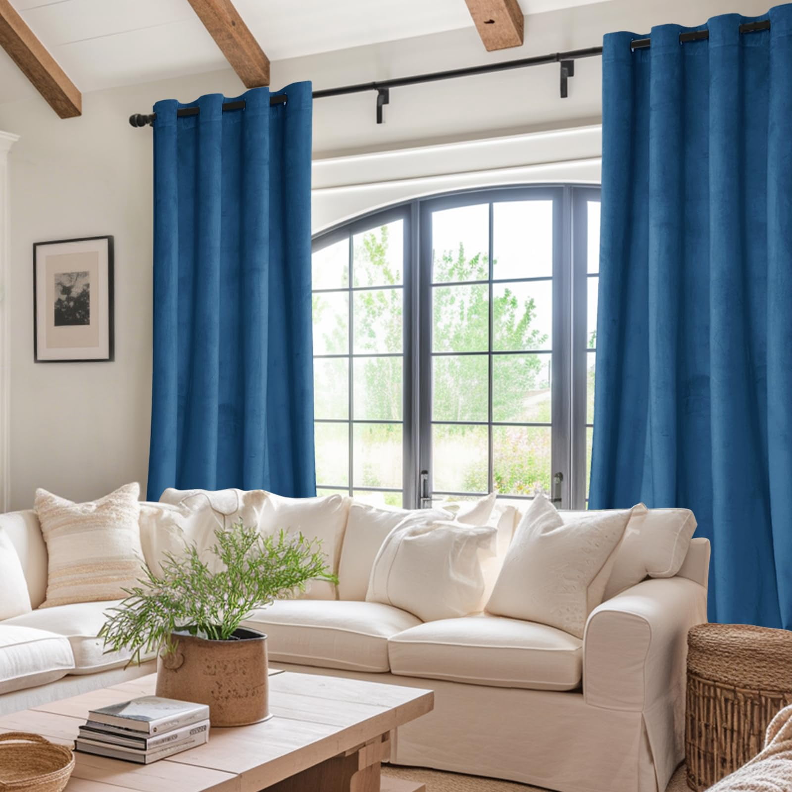 JIUZHEN Velvet Curtains 63 inches Long - Super Soft Room Darkening Thermal Insulating Window Drapes for Bedroom Living Room Dining Backdrop, W 52 x L 63 inch, Blue, 2 Panels