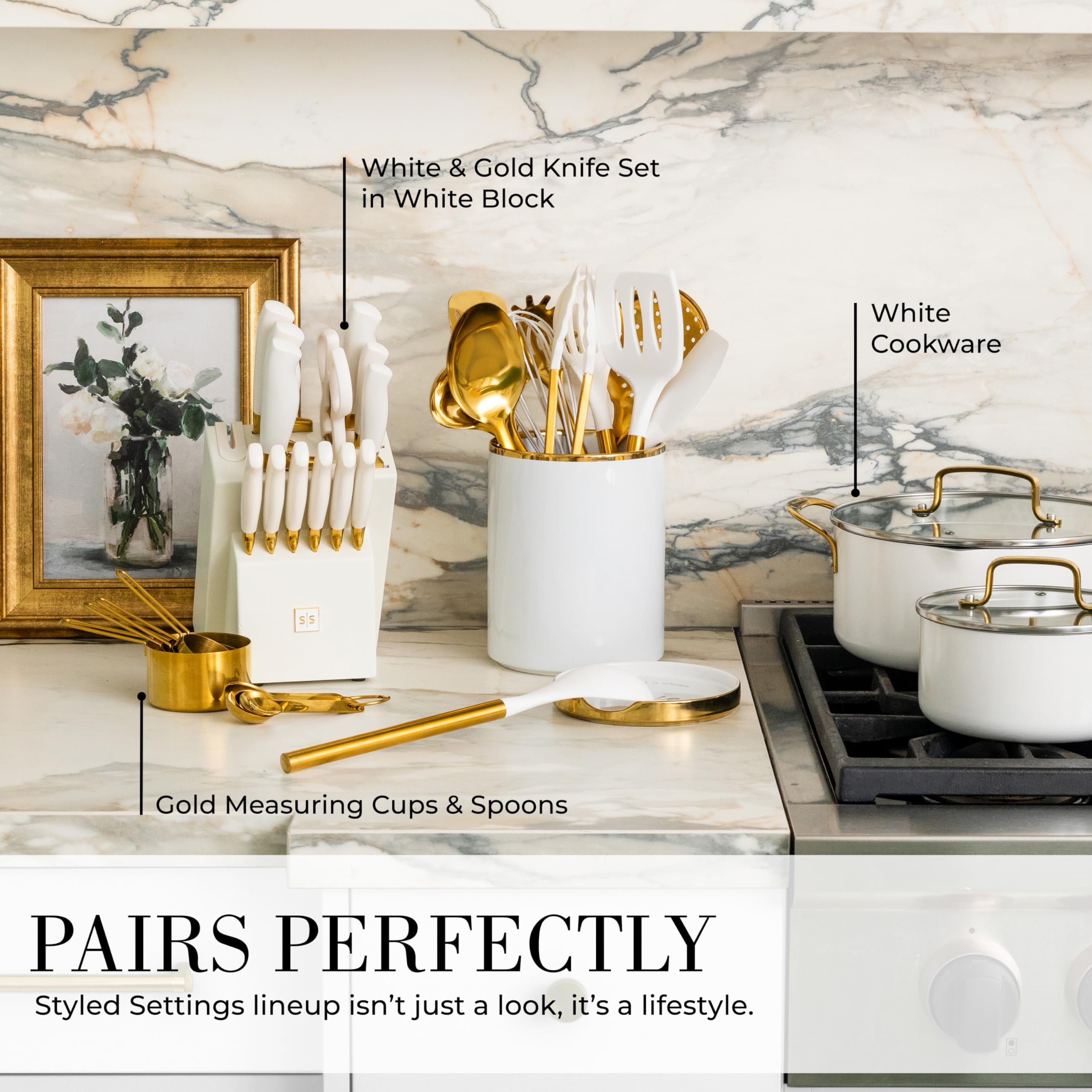 White and Gold Cooking Utensils Set - 13 PC White and Gold Kitchen Utensils Set Includes White Ceramic Utensil Holder with Built-In White & Gold Spoon Rest - Gold Kitchen Accessories