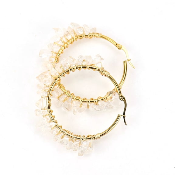 Namzi-b Personalized Natural Stone Earrings, Gold Large Ring Earrings with Corded Natural Stone Crystal Earrings (White)