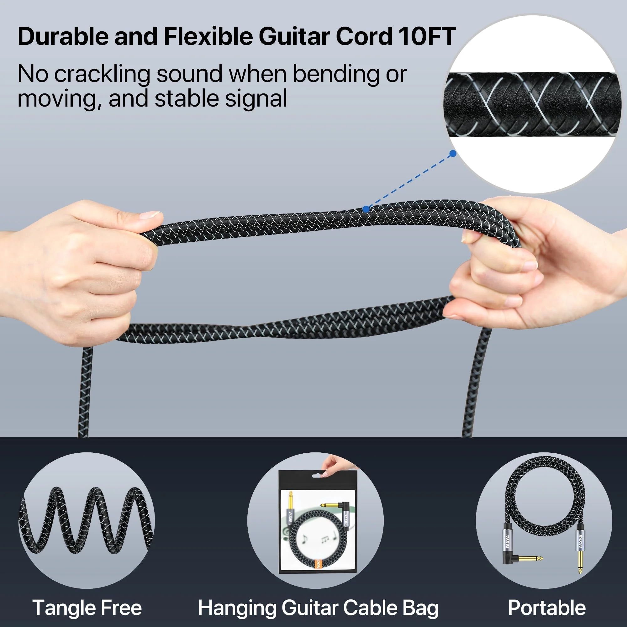 EBXYA 1/4 Inch Guitar Cable 2-Pack Straight to Right Angle 10ft Instrument Cable with Dual-Color Braided Jacket & Molded Connectors for Electric Guitar, Bass, Amp & Live Performance