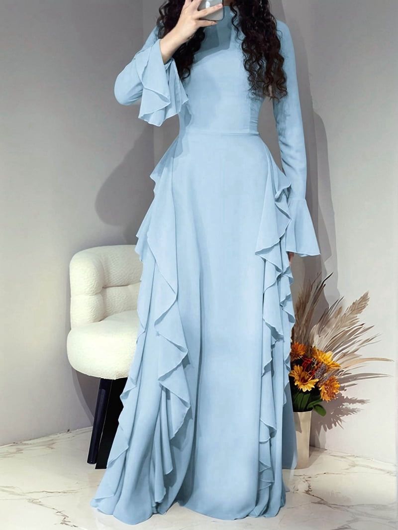 Women'S Bodycon Dresses Elegant Bell Sleeve Ruffle Hem Cocktail Party Long Dress Blue L