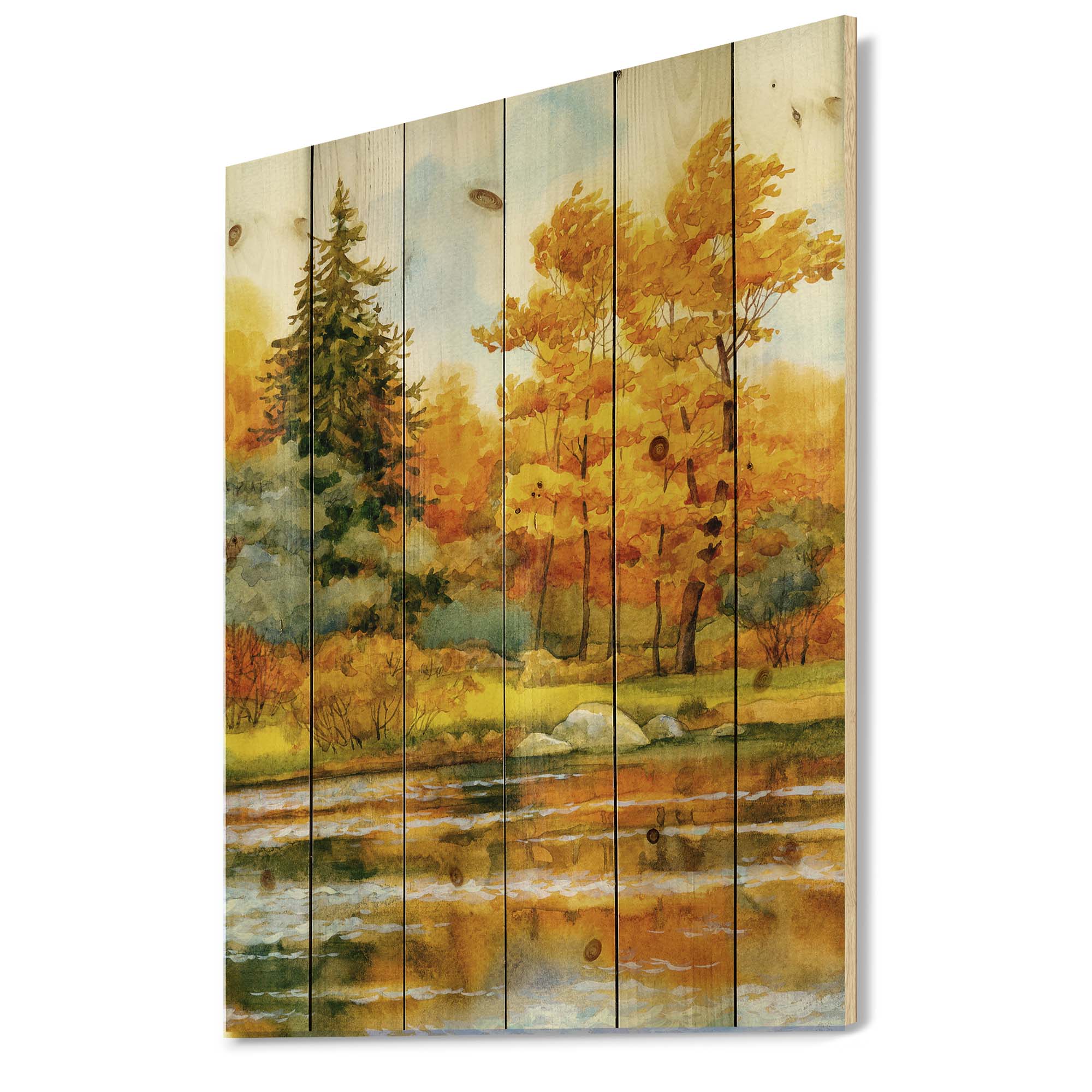 Designart 'Autumn Forest By The Lake Side II' Lake House Print on Natural Pine Wood
