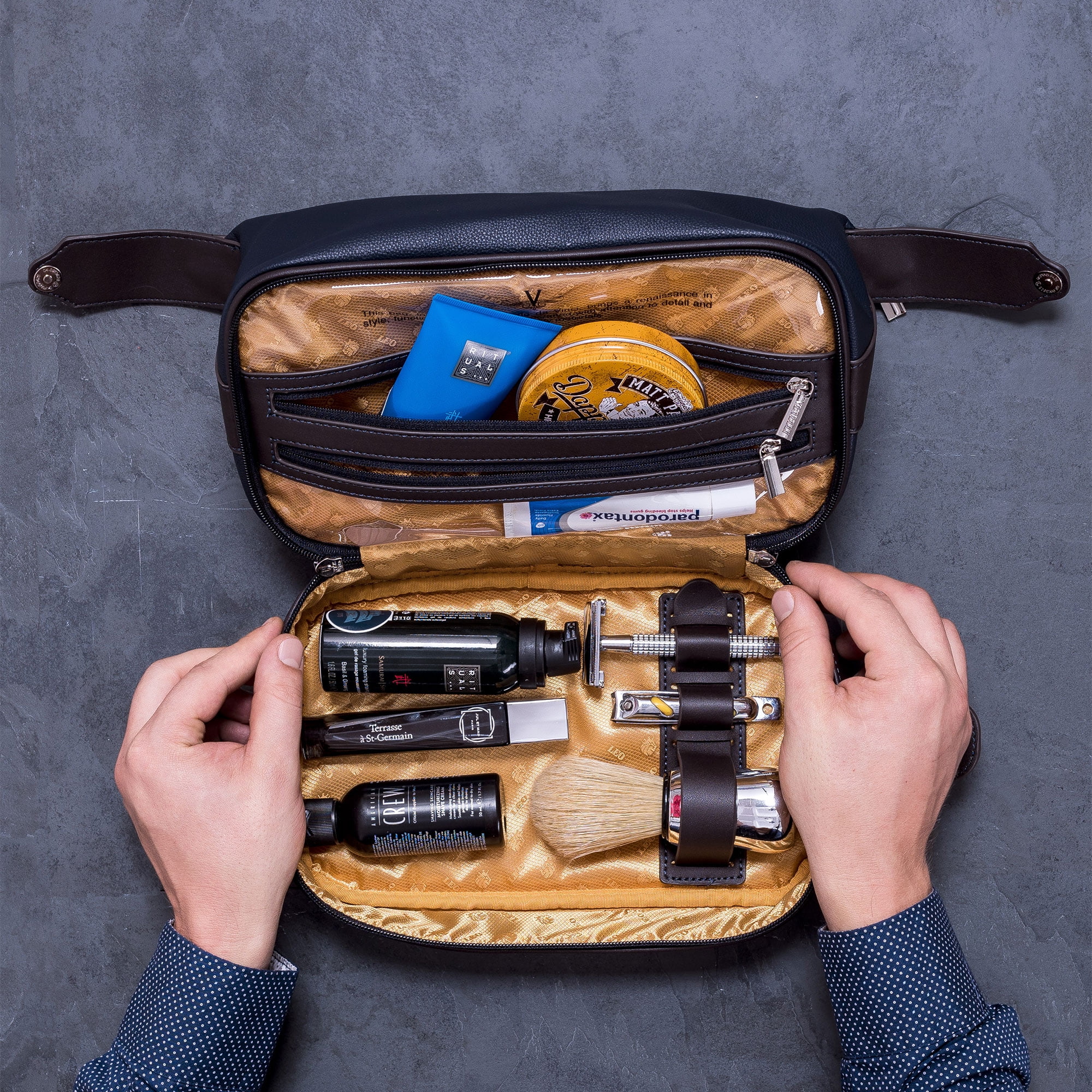 Vetell Leo Large Leather Travel Toiletry and Shaving Case w/ 2 Compartments