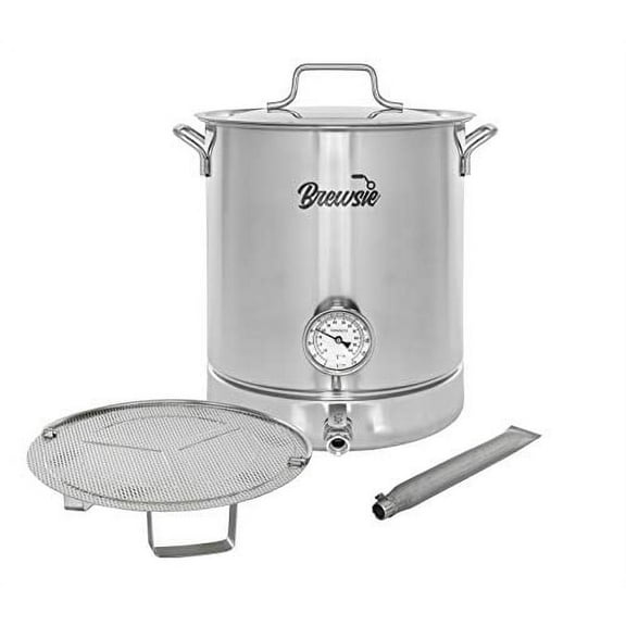 BREWSIE Stainless Steel Home Brew Kettle w/Dual Filtration. Equip with False Bottom Thermometer and Ball Valve for Brewing (8 Gal/ 32 QT)