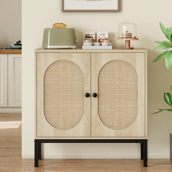 Buffet Cabinet with Double Oval Rattan Door, Wood Console Cabinet Accent Storage Cabinet Sideboard