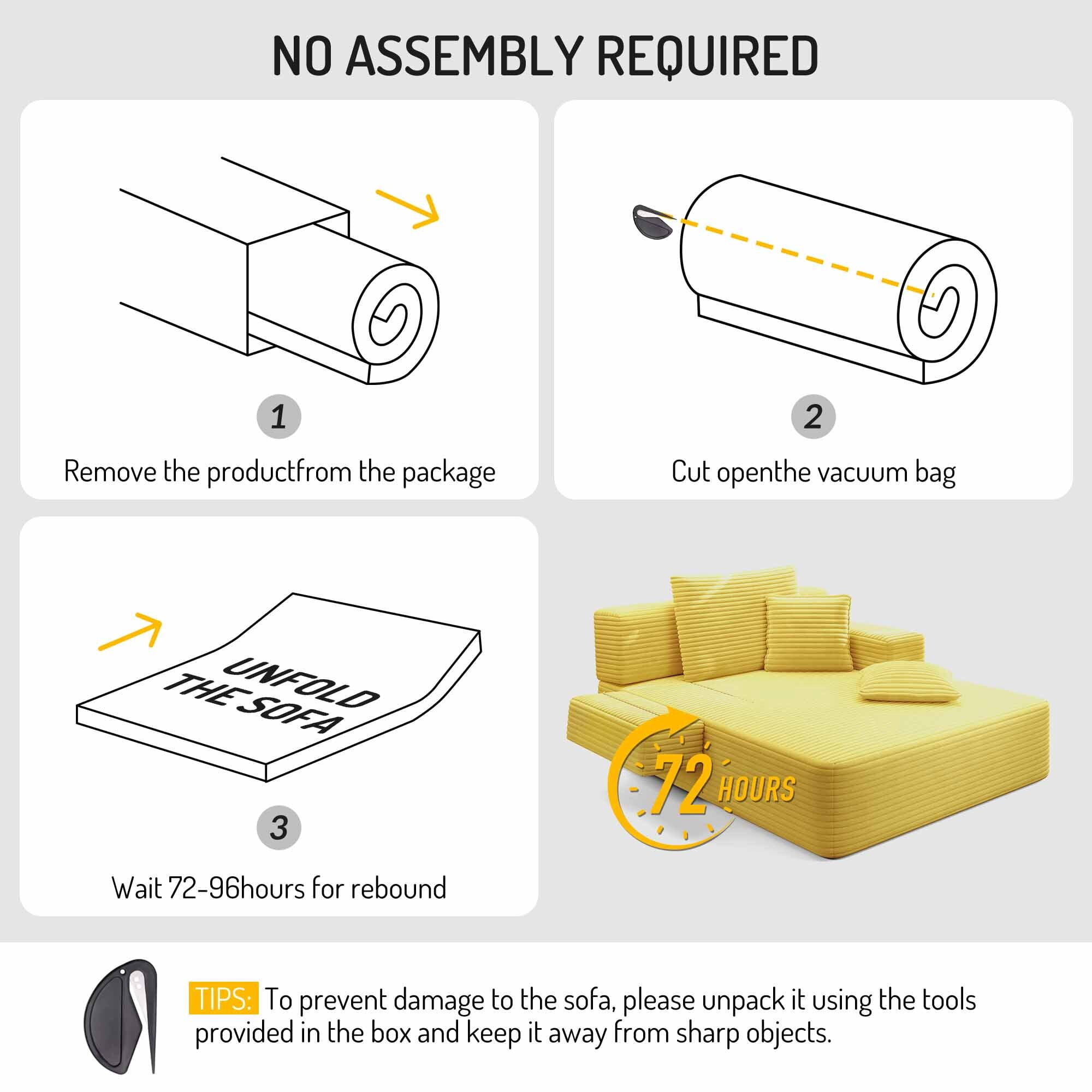 Lunale Boneless Chaise Lounge Chair Indoor, Oversized Convertible Sofa Bed, Cloud Corduroy Sofa Chair for Living Room, Yellow