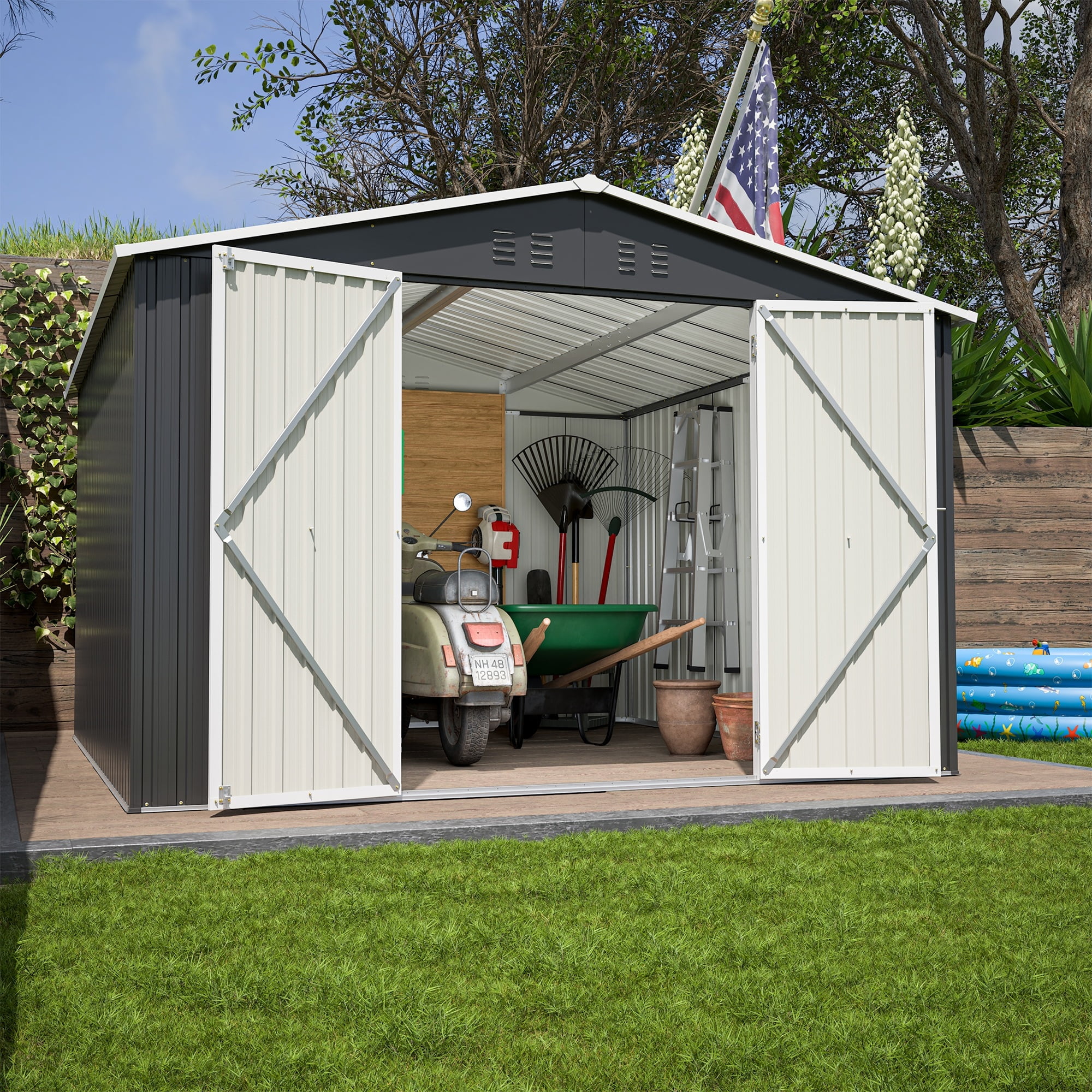 10 x 10 FT Outdoor Storage Shed, Metal Garden Shed with Lockable Doors and Updated Frame Structure, Tool Sheds for Backyard Garden Patio Lawn Black
