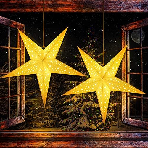 2 Pack Paper Star Lantern 24 Inch, 8 Mode 50 LEDs Firework Fairy String Lights, Light up Hollow Out Star Hanging Decoration for Indoor Outdoor Room Wedding Christmas Party