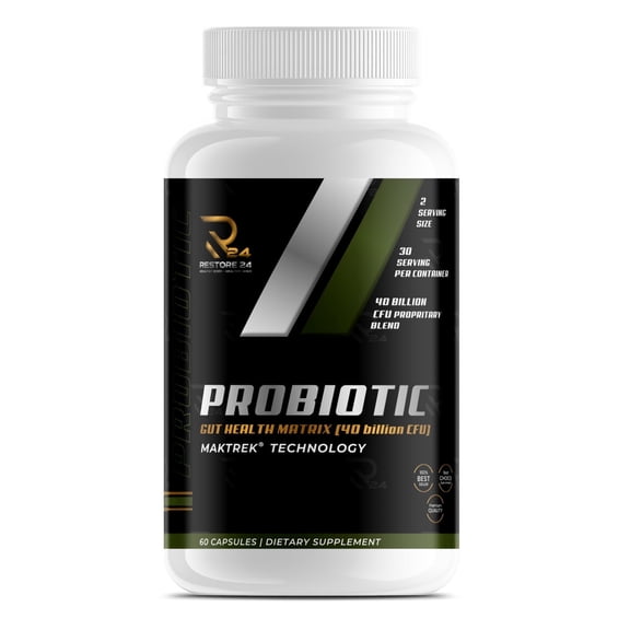 Restore 24 Nutrition Daily Probiotic Supplement with 40 Billion CFU – Supports Gut Health & Immune Support for Men & Women – Digestive Enzymes for Gas & Bloating – 60 Capsules