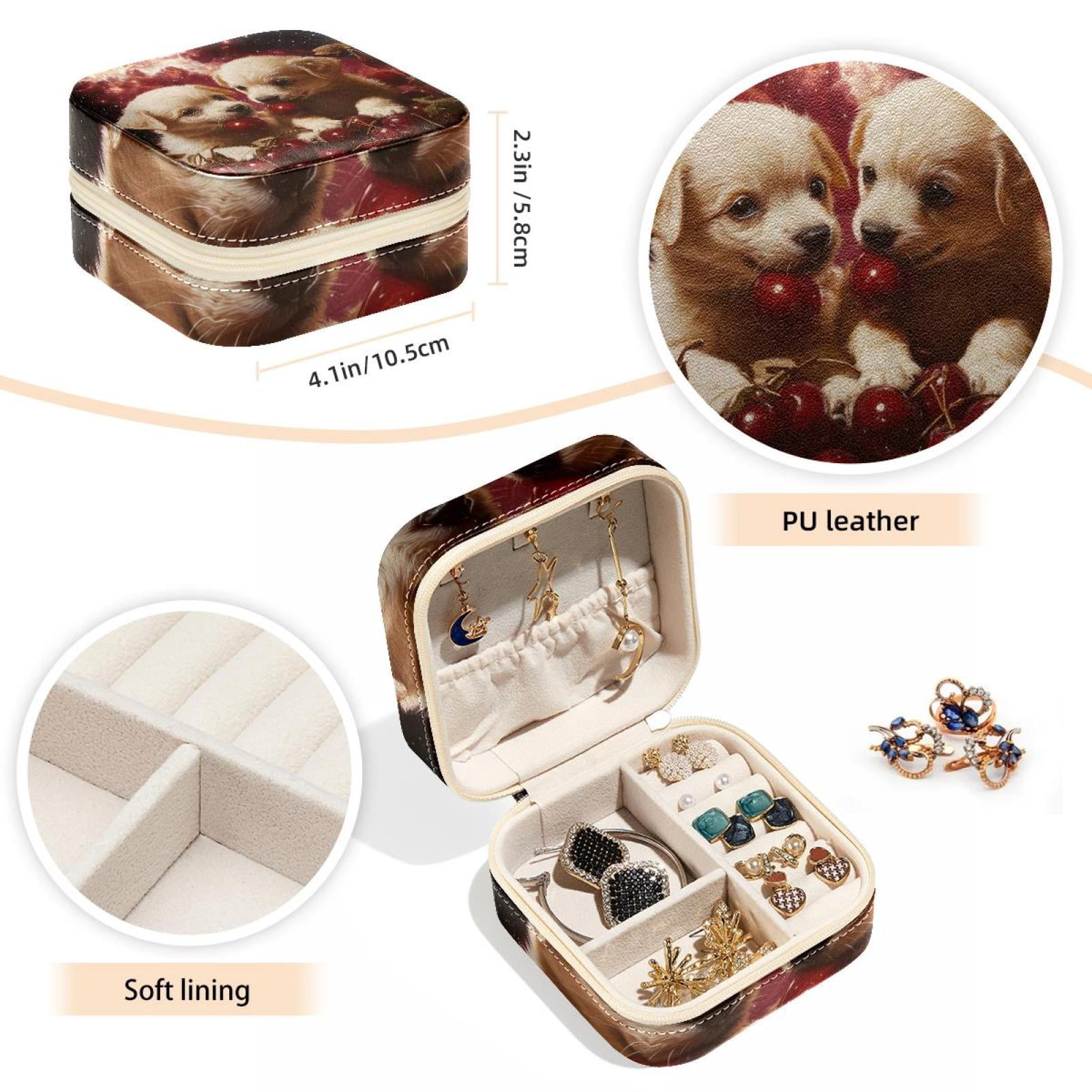 PhooArto Small Jewellery Box, Galaxy Puppies Cherries Portable Travel Mini Jewelry Case for Women Leather Ring Organizer