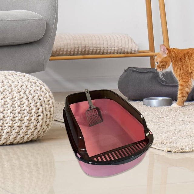 Caja de arena abierta, contenedor de arena semicerrado, inodoro para gatos de gran capacidad, bandeja de arena tamizada para gatos pequeños y mascotas Rosa